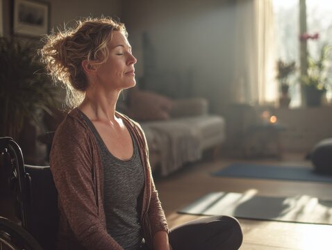 Middle-aged woman with multiple sclerosis practicing adaptive yoga in a wheelchair at home in the afternoon