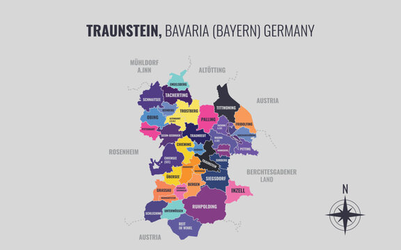 A map showing Traunstein BY Kreise into Gemeinden in a minimalist colorful style