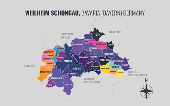 A map showing Weilheim Schongau BY Kreise into Gemeinden in a minimalist colorful style