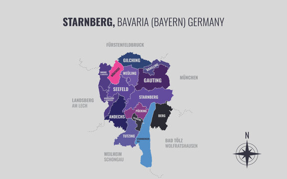 A map showing Starnberg BY Kreise into Gemeinden in a minimalist colorful style