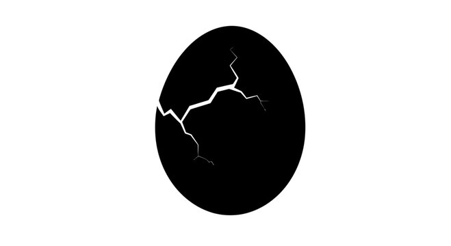 A black egg with a cracked surface and lightning bolt effect in a minimalist vector graphic design