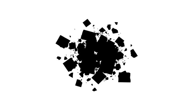 A black explosion of fragments and shards on a white background