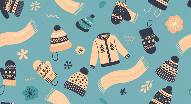 Seamless pattern featuring knitted sweaters, mittens, scarves, and hats in warm tones on a muted teal background for cold weather.
