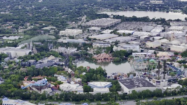 Aerial view of Universal Orlando theme park with lake, roller coasters and cityscape, Florida USA. g.