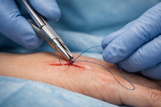 Surgical Suturing of Hand Wound &ndash; Close-Up of Stitching Procedure in Sterile Setting