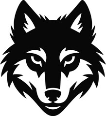 Fototapeta premium A front-facing black and white wolf head with intense eyes.