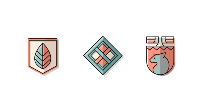 Set of three minimalist heraldic shields featuring a leaf, geometric pattern, and animal head illustration