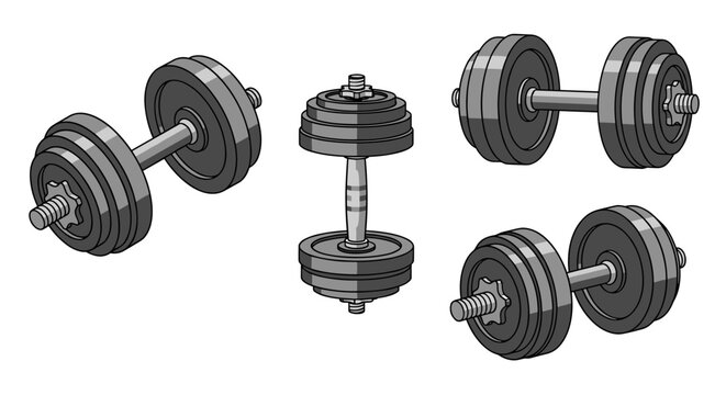 Collection of stylized dumbbells in various perspectives, essential equipment for strength training and muscle building workouts, perfect for fitness concepts and gym activities