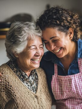 Elderly Latina woman laughing with a home care aide in kitchen, warm connection and genuine joy in daily life