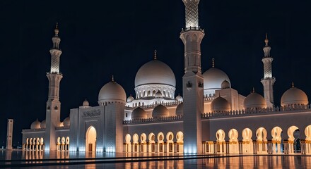 Fototapeta premium Grand Mosque at night with illuminated domes and minarets reflecting on the water
