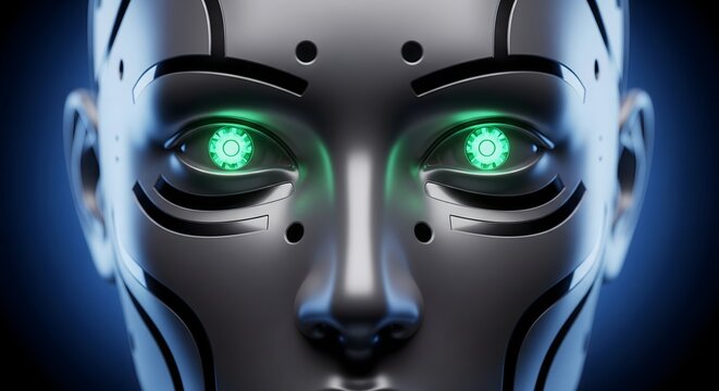 Close-up of a futuristic robotic face with glowing green eyes.