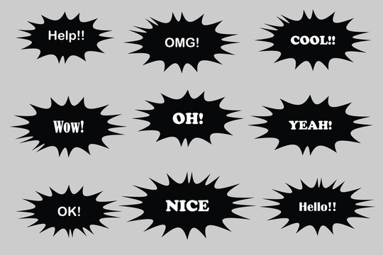 Set of speech bubbles. Set of 9 speech bubble with Comic funny text. comic speech bubble with black and white color. Vector Illustration.