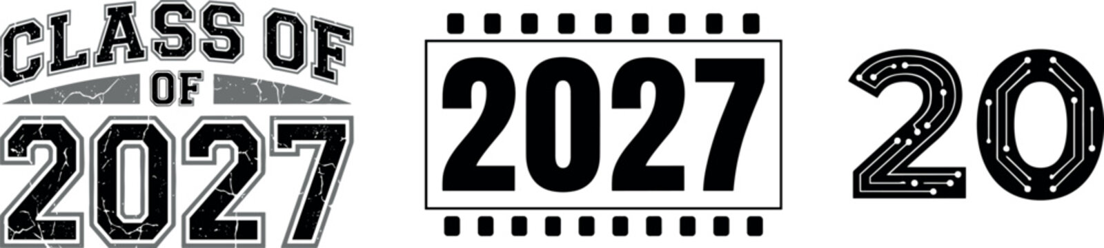 Class of 2027 graduation vector set with collegiate varsity style typography tech circuit board pattern numbers and ticket frame design for academic achievement commencement and student celebration gr