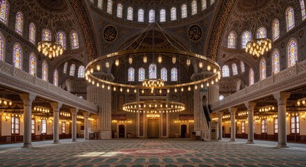 Obraz premium Magnificent interior view of a grand mosque, featuring intricate Islamic architecture, colossal chandeliers, and a serene prayer hall, showcasing spiritual grandeur and meticulous design