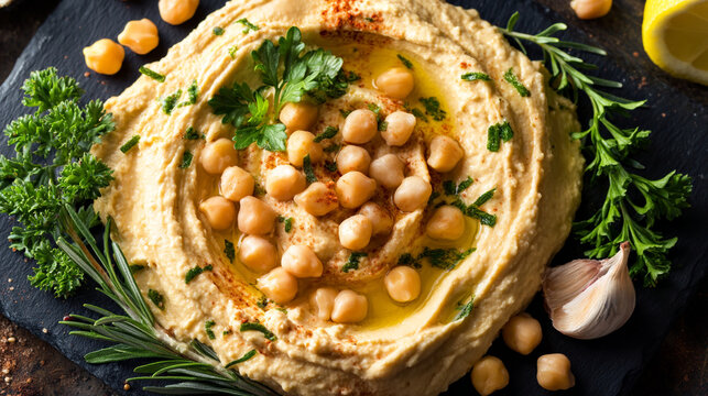 Appetizing hummus bowl garnished with chickpeas herbs and olive oil on dark stone, plant based
