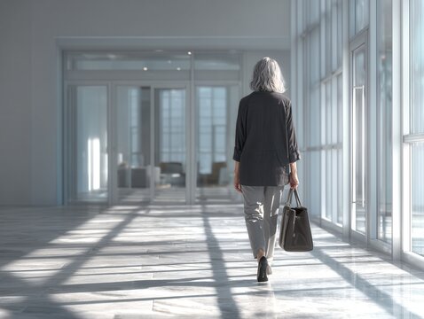 Middle-aged woman returning to work after burnout entering office with hope and tentativeness