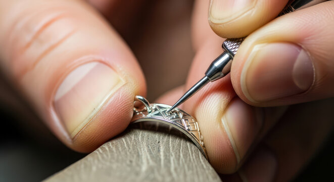 Closeup of Jeweler Setting a Diamond in a Ring.