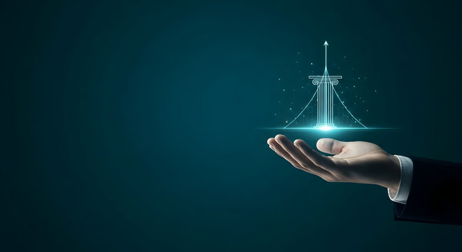 Businessman hand holding glowing holographic pillar with upward arrow representing solid foundation for business growth and success