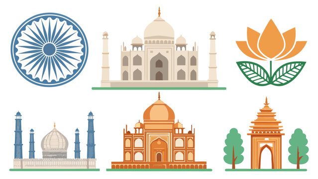 A vibrant illustration of Indian landmarks and symbols, including the Taj Mahal and lotus flower.