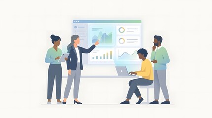 Obraz premium Modern Business Team Working with Digital Dashboard in Minimal Flat Vector Style 