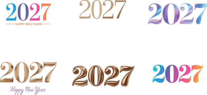 Collection of 2027 Happy New Year vector number designs featuring colorful flat art 3D golden metallic textures and balloon styles for festive holiday branding.