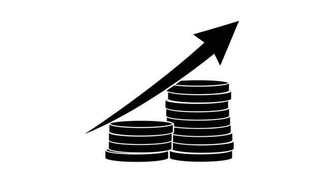 A black vector graphic illustration of growing coins with an upward arrow