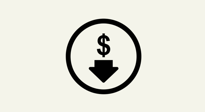 A minimalist vector icon depicting a dollar sign with a downward arrow in a circle, symbolizing financial loss or decrease.