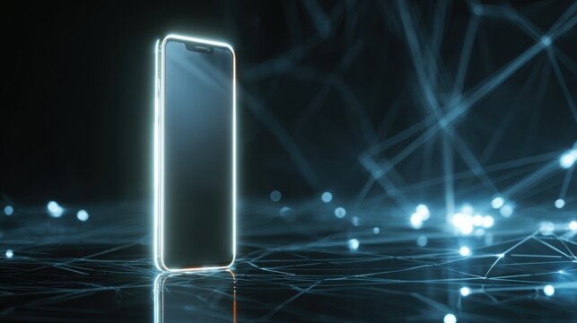 Smartphone on technology background. Neon glowing mobile phone on abstract dark background. Futuristic network connection