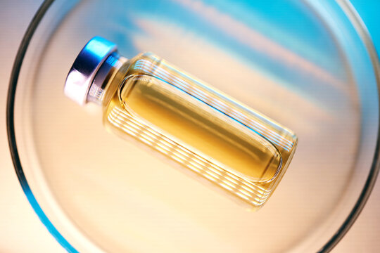 Glp 1 medication vial in laboratory petri dish