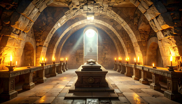 Ancient Crypt with Sarcophagus and Candles Illuminated by Sunlight.