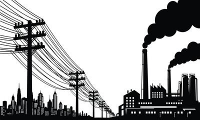 Naklejka premium Industrial landscape vector illustration featuring a large factory with smoking chimneys and power lines stretching across a modern city skyline background