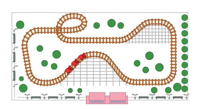 Overhead view of a colorful rollercoaster track with surrounding landscape