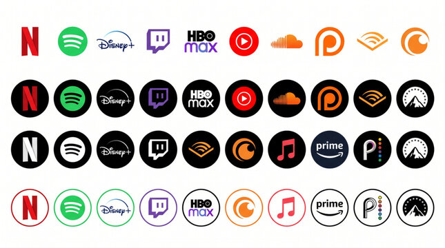 Netflix, Spotify, Disney, Twitch, HBO Max, YouTube, SoundCloud, Patreon, Audible, Crunchyroll, Paramount, Amazon Prime, Peacock, Apple Music. Set of streaming service and social media app icons.