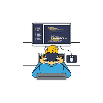 Man working on computer with coding on screen