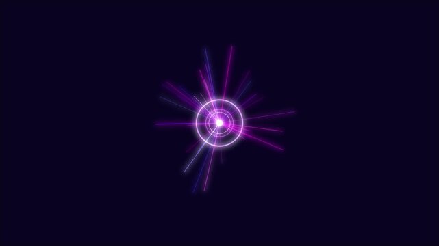 Modern clean abstract animation with purple and blue neon glowing light rays expanding and contracting from a central