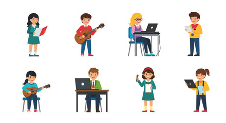Fototapeta premium Diverse group of children engaged in various learning activities and new hobbies including playing musical instruments using laptops for education reading books and creating art