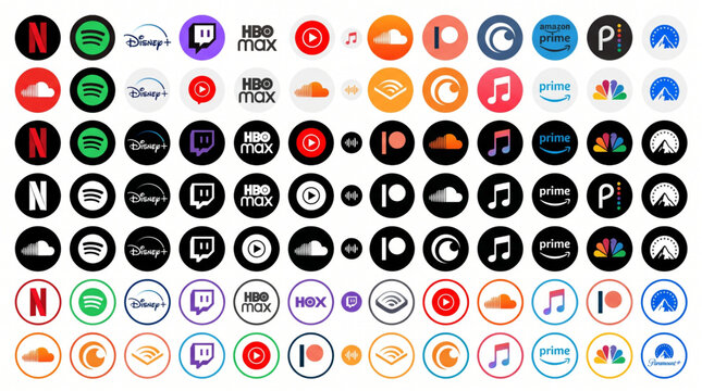 Media and entertainment streaming service icon set: Netflix, Spotify, Disney Plus, Twitch, HBO Max, YouTube, SoundCloud, Patreon, Crunchyroll, Amazon Prime, Peacock, Paramount, Apple Music, NBC logos.