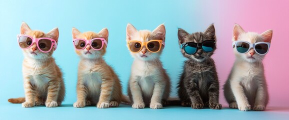 Fototapeta premium Adorable Kittens Wearing Sunglasses on Blue and Pink Background