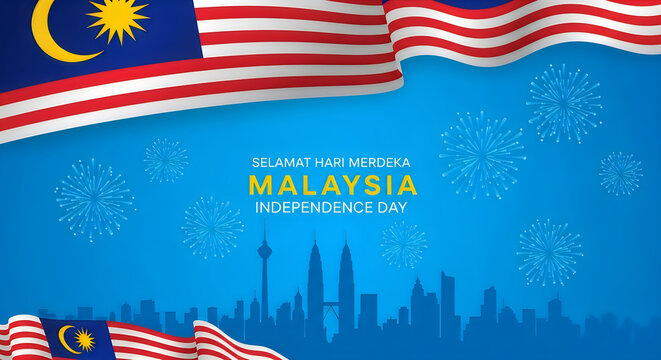 Malaysia independence day celebration background with waving flag and city skyline