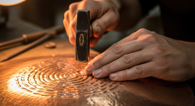 Crafting Copper Hammering Concentric Circles into Metal Sheet.