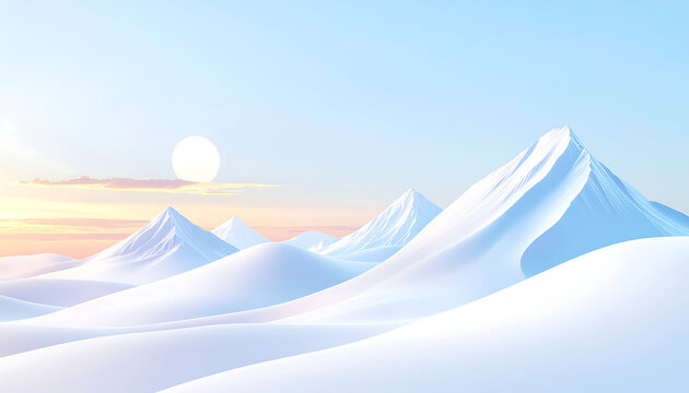 Snowy mountain range landscape with serene sunset and peaceful environment