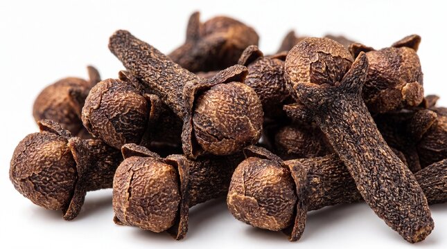 Whole cloves ultra macro texture, dark brown surface pattern white background