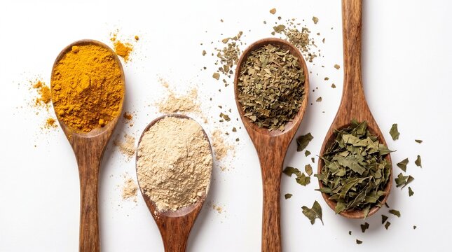 Ayurvedic medicine spices wooden spoons flat lay, macro texture bright earthy