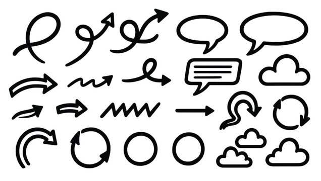 Hand drawn arrow collection featuring various speech bubbles and circular shapes in a clean vector illustration style set for diverse graphic design web projects