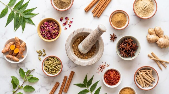 Traditional Indian spices thali flat lay, colorful vibrant macro spice collection