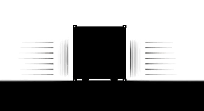 A minimalist vector graphic of a moving black box with motion lines