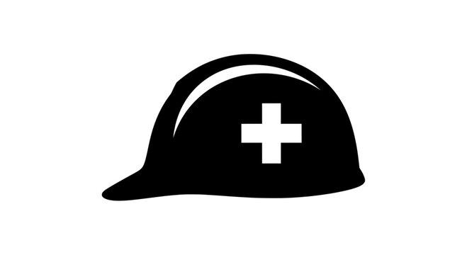 A black and white vector graphic of a medical hard hat with a cross