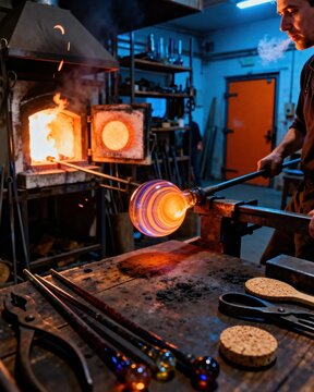 Glassblower master crafting molten glass sphere at workbench with glowing furnace in winter twilight workshop, high detail professional stock image with clean composition, natural lighting siyam