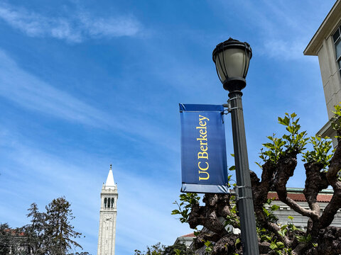 UC Berkeley campus banner University of California, Berkeley with Sather Tower in the background - Berkeley, California, USA - April 18, 2026