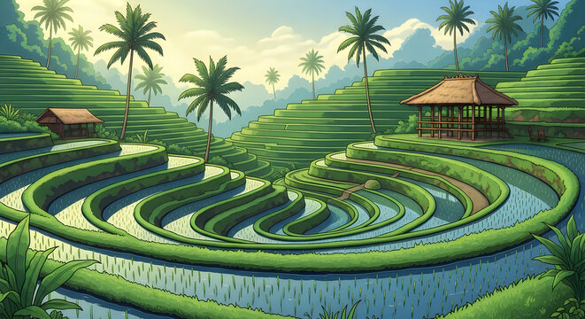 Digital illustration of terraced rice fields with palm trees and traditional huts